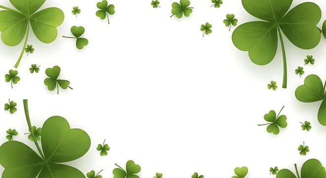 St patrick's day shamrock frame with green leaves on white background