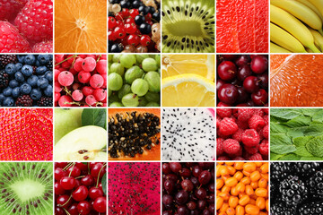 Various fruits, berries and mint leaves, collection. Closeup view © New Africa