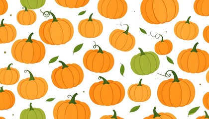 A vibrant, repeating pattern of orange and green pumpkins with green stems and leaves scattered on a white background. It gives a festive feel