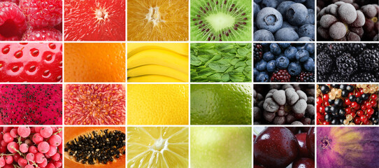 Various fruits, berries and mint leaves combined by colors, collage. Closeup view © New Africa