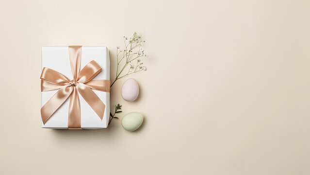 A white gift box with a gold ribbon sits next to pastel-colored Easter eggs on a light background. Delicate flowers add a festive touch.