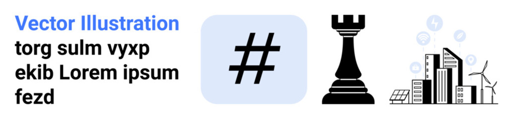 metadata tag symbol, rook chess piece, and a futuristic cityscape with renewable energy symbols. Ideal for technology, sustainability, strategy, innovation, social media, planning simple landing © robu_s