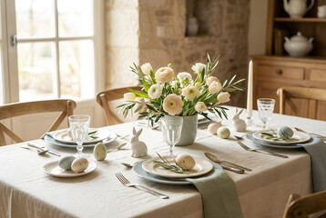 A beautifully set Easter table with a floral centerpiece, decorated eggs, and elegant tableware. Soft colors create a festive atmosphere for the holiday celebration.