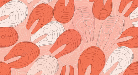 新鮮なサーモンの切り身がピンク色の背景に描かれた、健康的で食欲をそそるイラストレーションパターン。