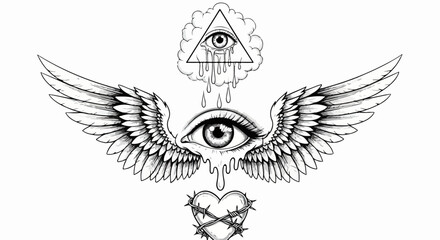 翼を持つ目と有刺鉄線に巻かれた心臓、そして雲から溶け落ちるプロビデンスの目が描かれた、深い意味を持つ神秘的で象徴的なタトゥースタイルの白黒イラストレーション。
