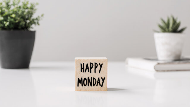 Happy monday minimal desk setup with small sign and clean modern style