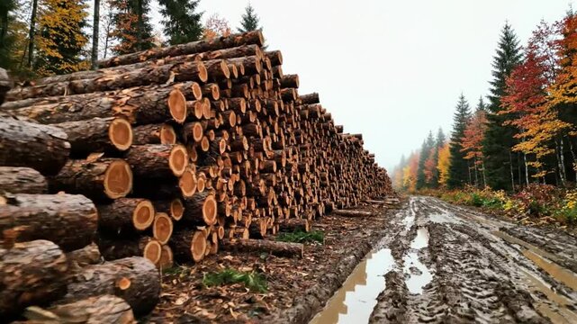 Large stack of harvested timber logs beside a muddy forest road during autumn with colorful foliage