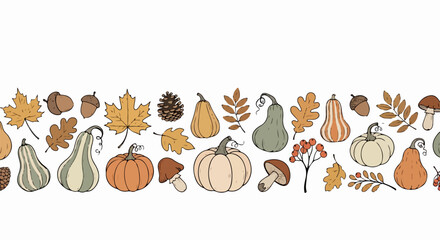 温かい秋の雰囲気を感じさせる、パンプキン、カボチャ、紅葉、どんぐり、キノコ、ベリーなどの手描きイラストが並ぶ、収穫祭や感謝祭にぴったりのシームレスなボーダーパターン。