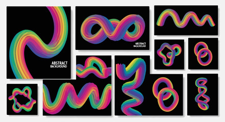 黒い背景に鮮やかな虹色の流れるようなチューブや波状の曲線が描かれた、ダイナミックで未来的な抽象デザインベクター背景コレクションセット。