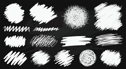 黒板のような背景に、手書きのチョークで描かれた様々な白い落書きやテクスチャの抽象的なデザイン素材コレクション。これは、グラフィックデザインや背景、オーバーレイに最適です。