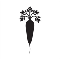 Minimalist black carrot silhouette icon vector, A carrot with leaves , A black silhouette of a carrot with green leaves vector on a white background