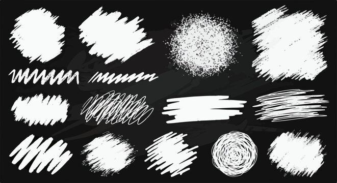 黒板のような背景に、手書きのチョークで描かれた様々な白い落書きやテクスチャの抽象的なデザイン素材コレクション。これは、グラフィックデザインや背景、オーバーレイに最適です。
