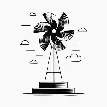 Minimalist black and white vector illustration of a windmill pinwheel. Modern line art design with copy space.