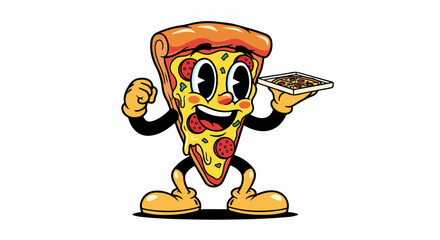 レトロな漫画スタイルで描かれた、笑顔でトレイを持つ擬人化ピザスライスキャラクターが、元気いっぱいのポーズで美味しさと楽しさを表現するベクターイラスト。