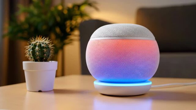 An aromatherapy diffuser with multicolor LED lights sits on a wooden table next to a small potted cactus. Soft ambient lighting in the background.