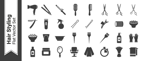 Professional Hair Styling and Barber Salon Tools Flat Vector Icon Set. Collection of 30 Minimalist Black Icons Featuring Hair Dryer, Scissors, Comb, Clipper, Spray Bottle, Mirror, and Salon Chair.