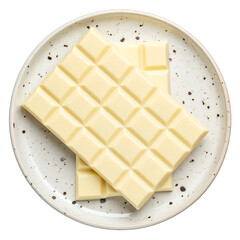 White chocolate bars neatly arranged on a speckled ceramic plate, top view isolated on white or transparent background.png