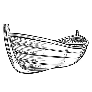 traditional wooden rowboat canoe vector line art hand drawn illustration