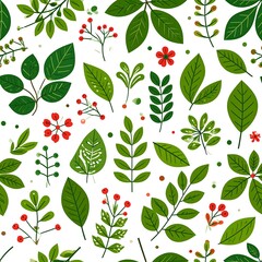 A vibrant, seamless botanical pattern on a white background, featuring a variety of green leaves and red berries