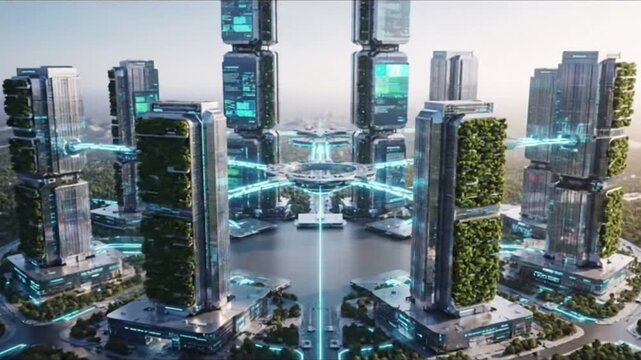 Futuristic City Genesis Aerial wide shot of a barren landscape transforming into a sprawling metropolis.