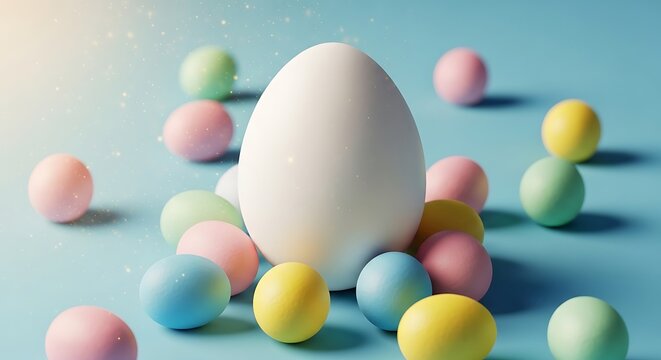 Easter eggs celebration with large white and small colorful eggs
