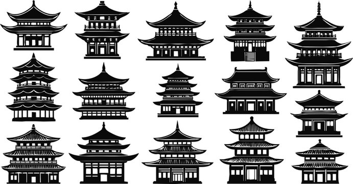 Traditional Asian pagoda temple silhouettes collection featuring Chinese Japanese architecture buildings icons isolated black vector illustration set design elements historic cultural landmarks