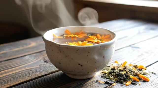 Calming herbal calendula tea with floating flowers in a ceramic bowl on a wooden table.