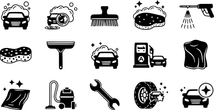 Car wash and auto detailing solid icon set featuring cleaning services