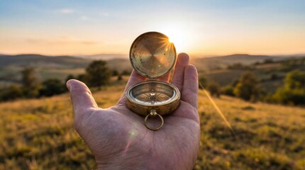 Hand holding an antique brass pocket compass open towards a golden sunset illuminating rolling hills and a natural landscape during an adventurous journey © Nimra