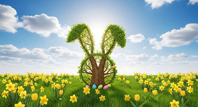 Easter tree in a field of tulips on a sunny day with easter eggs