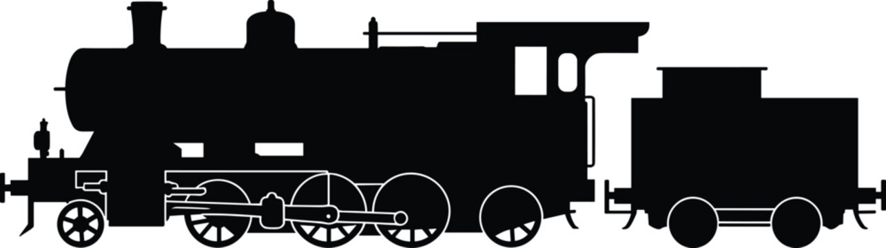 Vintage steam locomotive train silhouette with coal tender for historical transportation industrial heritage railway travel nostalgia engine engineering and antique machinery design element