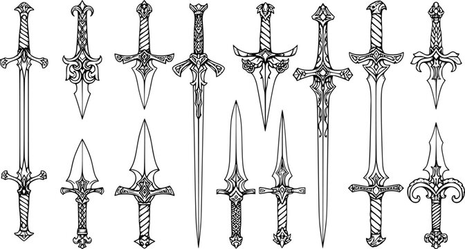Ornate medieval dagger and sword line art collection featuring decorative fantasy blades