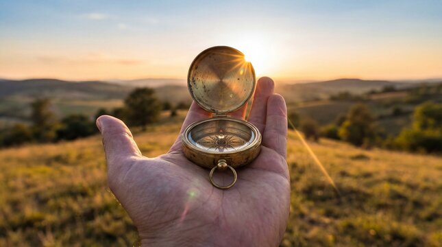 Hand holding an antique brass pocket compass open towards a golden sunset illuminating rolling hills and a natural landscape during an adventurous journey