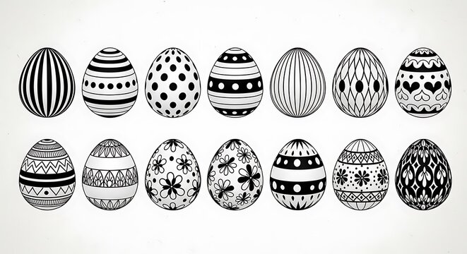 Easter eggs decorated with various patterns and designs for spring holiday