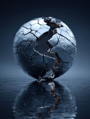 Naklejka premium Conceptual Illustration Shows a Globe With Cracks Caused by Missile Impact Lines on a Dark Blue Background With Dramatic Lighting