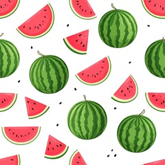 A vibrant, seamless pattern featuring whole, round fruit alongside juicy, sliced wedges, and scattered seeds on a bright background