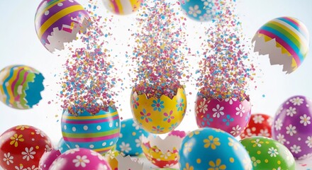Colorful Easter eggs with confetti bursting. Spring celebration concept for greeting card, holiday invitation, festive banner.