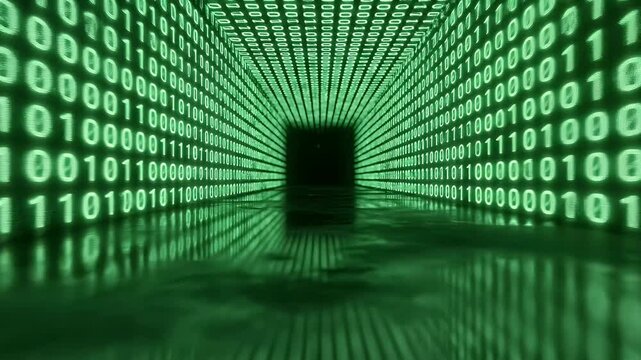 A digital tunnel of glowing green binary code flowing into darkness