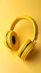 A vibrant shot of bright yellow headphones centered on a matching yellow background, showing detail of the earcups and headband