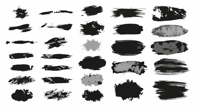Ensemble d'&eacute;claboussures et de coups de pinceau noirs et gris sur fond blanc, texture abstraite