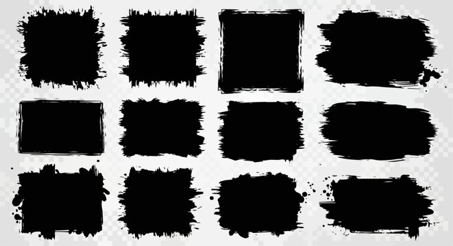 Ensemble de cadres noirs textur&eacute;s, formes carr&eacute;es et rectangulaires, style grunge, sur fond transparent.
