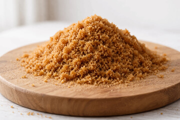Powdered palm sugar on a minimalist wooden cutting board background