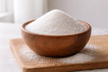 Granulated sugar on a wooden bowl with a minimalist background
