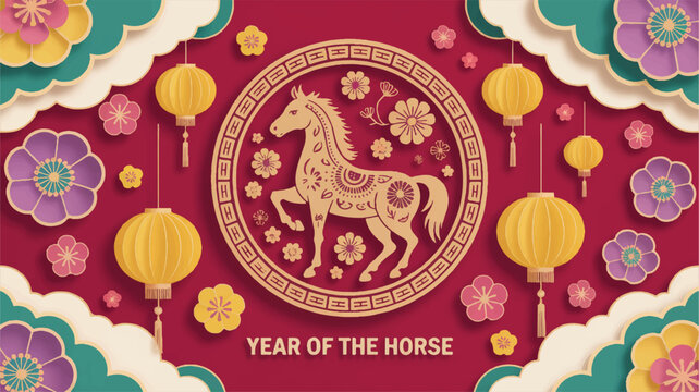 Festive Chinese New Year decoration with horse symbol and traditional lanterns, celebrating the Year of the Horse with auspicious patterns and clouds