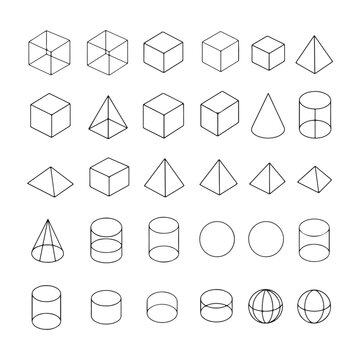 Geometric Shapes Grid: Isometric Line Art of Cubes, Pyramids, Cones, Cylinders and Spheres