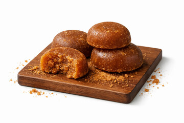 Palm sugar on a wooden cutting board with a minimalist background