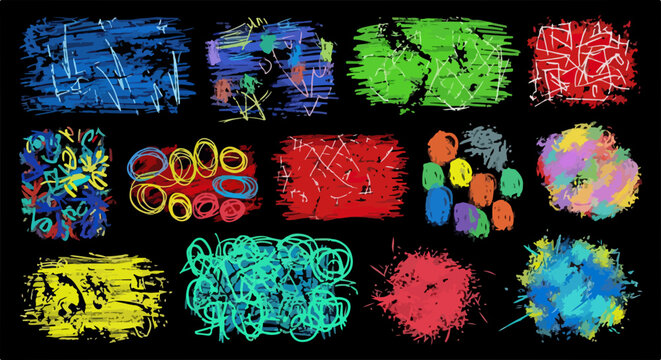 Collection de textures abstraites et color&eacute;es de coups de pinceau et de gribouillis sur fond noir