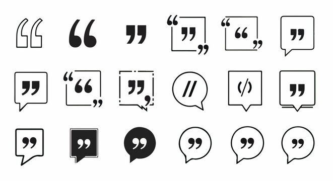 Diversit&eacute; des ic&ocirc;nes de guillemets et de bulles de dialogue, symbolisant la communication et les citations.