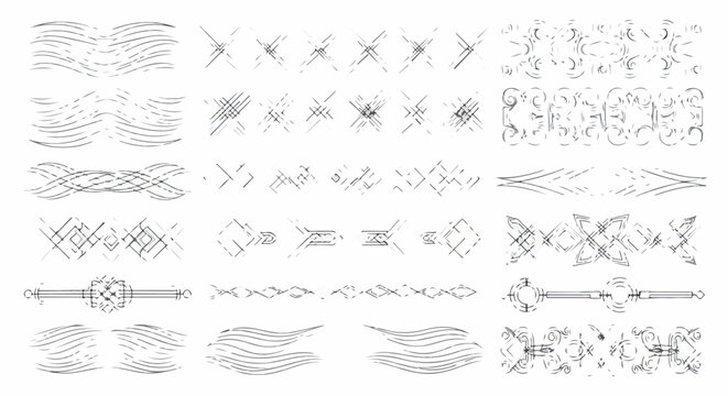 Ensemble de bordures et &eacute;l&eacute;ments d&eacute;coratifs graphiques abstraits, dessin&eacute;s &agrave; la main, style vintage.
