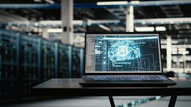 Data center AI LLM assistant on laptop supervising blue wireframe mesh equipment rigs. Large language model visualization on notebook in empty server hub, VFX compositing